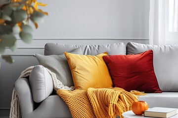 Burgundy pillow and blanket and yellow pillow and blanket on stylish grey couch in elegant living room interior with copy space on the white empty wall