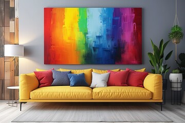cheerful and happy mood living room idea of home decor design with colorful abstract painting art wall hanging picture