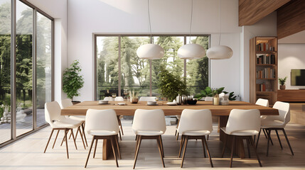 Fototapeta na wymiar Dining room interior with wooden table and chairs. 3d rendering ,Minimalist dining room design,Stylish kitchen interior with wooden table and chairs, Stylish kitchen interior, Scandinavian dining room