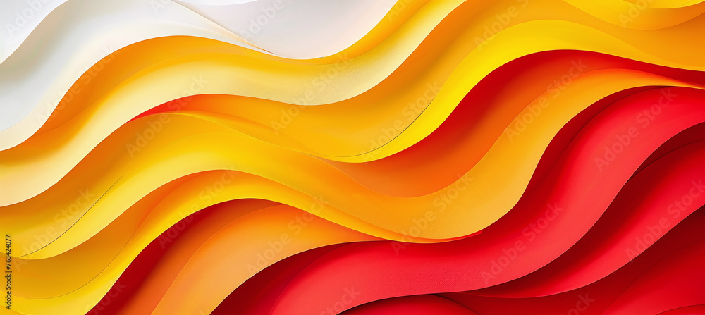 Poster yellow and red paper waves arranged in an abstract composition on a white background