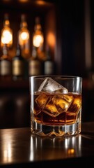 A glass of whiskey with ice. An alcoholic drink stands on a bar counter in a night bar. Modern interior of the bar and lighting in the background in blur