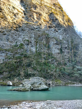 Mountain landscape with the Khosta River in the foreground. Yew-boxwood grove, Sochi