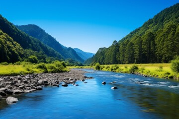 Peaceful river bending through a forested valley under a blue sky