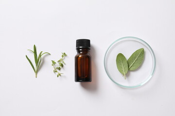 Petri dishes and oil with herbs on a white background