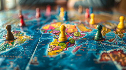 A board game with a map of the world and pieces of different colors. The pieces are placed on the map, with one of them being yellow