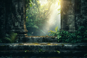 Fototapeta premium A stone archway with a lush green jungle in the background. The archway is open, revealing a path leading into the jungle. The sunlight shining through the leaves creates a serene