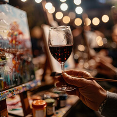 Painter focuses on canvas, adding vibrant strokes. Foreground shows white wine, ambient light enhances serene "Paint & Sip" concept.