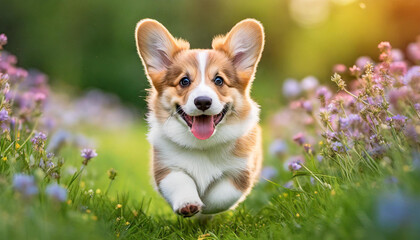 A dog pembroke welsh corgi puppy with a happy face runs through the colorful lush spring green grass