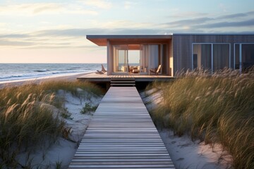 Relaxing beach house getaway with a private path leading to the shore - obrazy, fototapety, plakaty