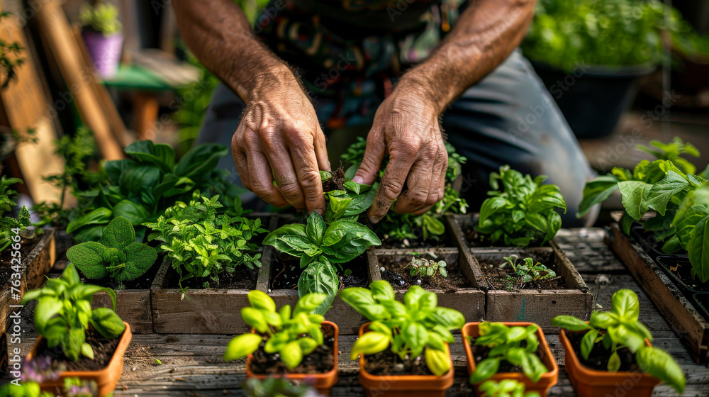 Poster a man is tending to a garden of plants, including basil. the plants are in small pots and are arrang