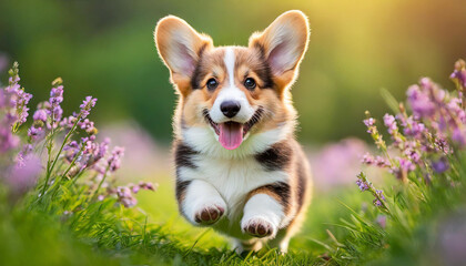 A dog pembroke welsh corgi puppy with a happy face runs through the colorful lush spring green grass