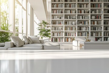Copy space on a luxury white tabletop over a blurred modern white living room with large bookshelves