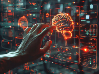 A hand is touching a brain on a computer screen. Concept of the brain being a complex and intricate organ, and the hand represents the curiosity and desire to explore and understand it