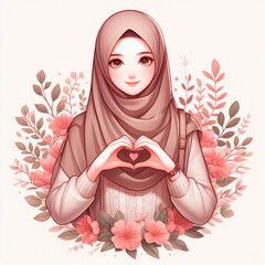 Anime Muslim girl shows a heart sign with her hands, Around the flowers, in a pink hijab. For a Valentine's Day card.