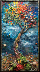 A mosaic tree with leaves and branches made of various colored tiles. The tree is surrounded by a blue sky and a body of water