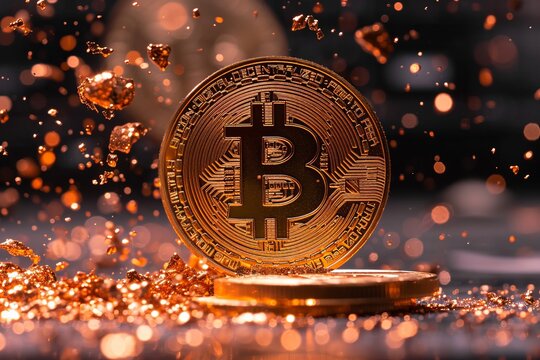Close up golden bitcoin falling down showing crash of crypto trading market. Concept of financial crisis and global recession, minning or blockchain technology.