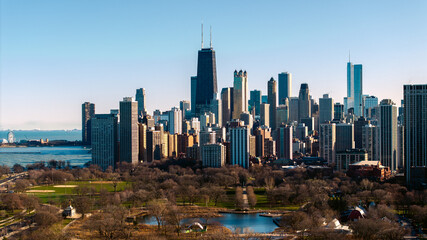 Drone view of Downtown Chicago skyline during the day 