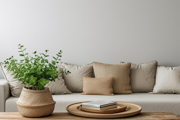 Couch with pillows between wooden table with plant in pot and newspaper organizer, real photo with copy space on the empty white wall - obrazy, fototapety, plakaty