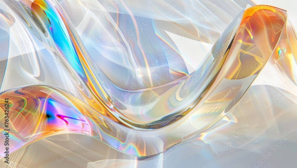 Poster a closeup of the edges and curves on a white background, featuring glassy shapes with an iridescent 