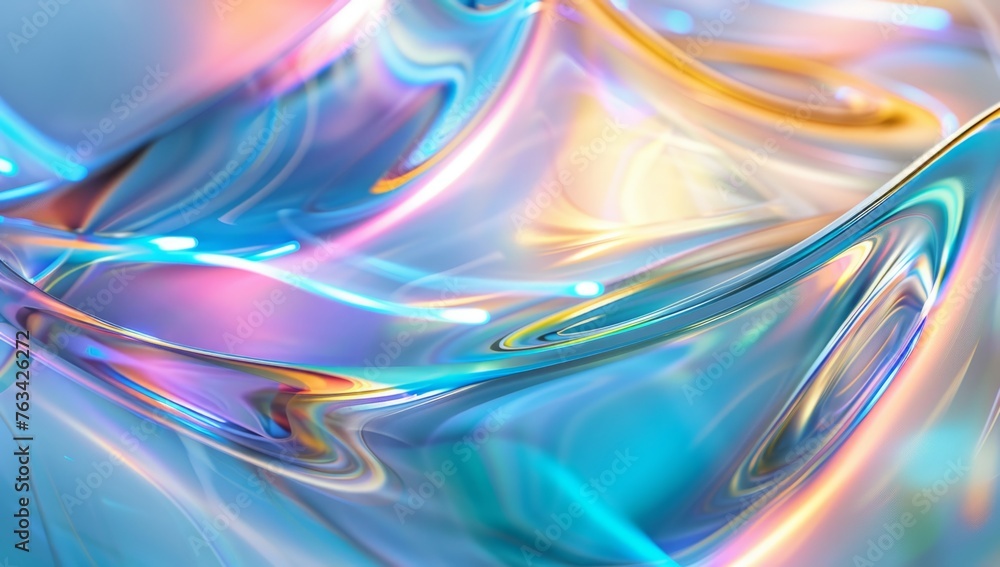 Poster closeup of glass with iridescent reflection, white background flowing curves generative ai