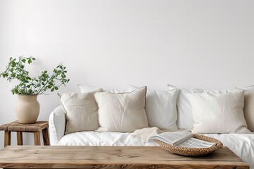 Couch with pillows between wooden table with plant in pot and newspaper organizer, real photo with copy space on the empty white wall