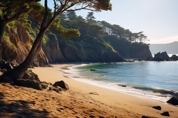 Secluded beach stretching along the coastline, a serene natural setting