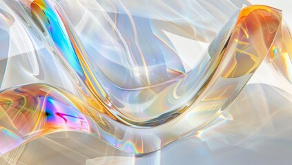 A closeup of the edges and curves on a white background, featuring glassy shapes with an iridescent rainbow effect Generative AI
