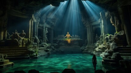Underwater grotto theater with mermaid costumes aquatic play mesmerizes - obrazy, fototapety, plakaty