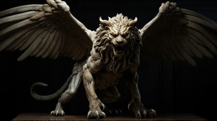 Powerful mythological creature statue animal features blend wings unfurl