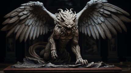 Mythological creature sculpture fierce gaze wings spread