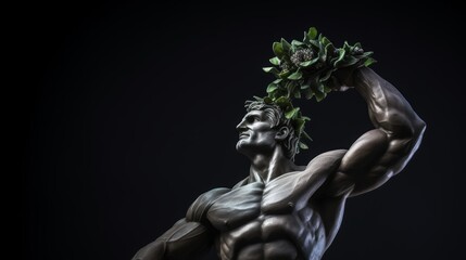 Victorious athlete statue olive wreath muscle tension of triumph - obrazy, fototapety, plakaty