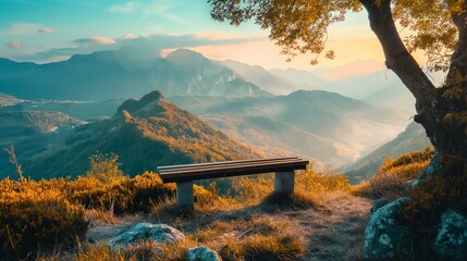Serene Mountain Landscape at Sunset with Empty Bench Overlooking Valley - obrazy, fototapety, plakaty