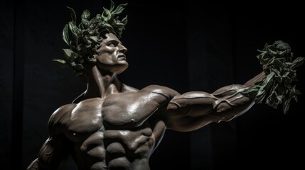 Fototapeta na wymiar Olive-wreathed athlete statue victory intensity in muscle form