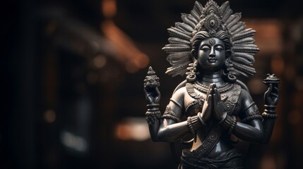 Revered deity sculpture features radiate serenity and power holding symbols