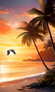 Tranquil sunset scene on a tropical beach with palm trees and ocean view. Seamless looping 4k timelapse virtual video animation background generated AI 