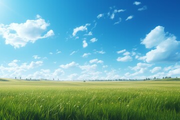 Fototapeta na wymiar Sun-kissed field under a clear blue sky, perfect for copy space