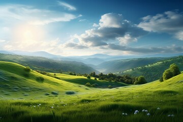 Fototapeta na wymiar Sunlit meadow and rolling hills forming a serene natural landscape