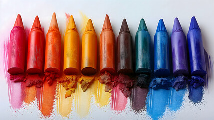 Crayons of different colors on white background, closeup view