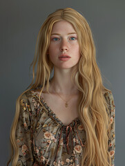 A poised young woman with detailed freckles and wavy blonde hair, in a bohemian floral dress, looking into the camera