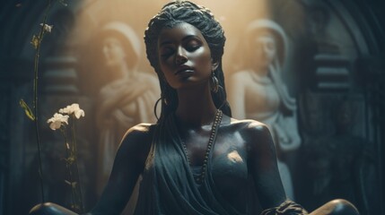 Statue of mystical oracle meditation pose encircled by auras of energy - obrazy, fototapety, plakaty