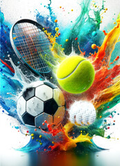 Golf ball, tennis ball and a soccer ball in colorful water splashes - obrazy, fototapety, plakaty