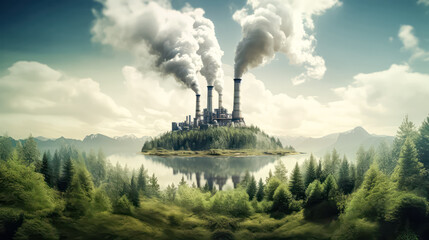 Illustration of a factory releasing CO2 into the atmosphere - obrazy, fototapety, plakaty