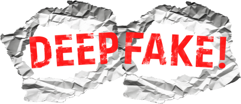 RED DEEPFAKE STAMP, Eyeglasses shape paper, Word, 3D, three-dimensional, Isolated. Worn text DEEPFAKE on the crumpled paper in the shape of eyeglasses (artistic concept of whatching out for fakes).