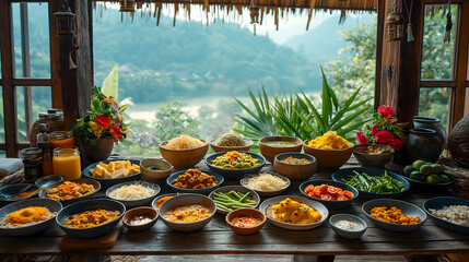 Thai food in wooden bowl on wooden table with nature background.