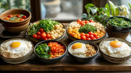 Obraz premium Healthy breakfast bowl on wooden table. Rice, egg, vegetables, herbs and fruits.