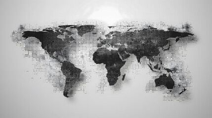 world map with black and white halftone dots on gray background