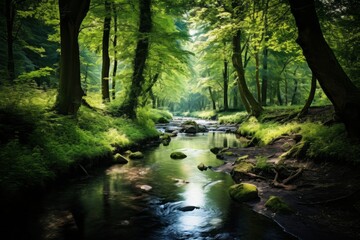 Tranquil forest stream winding through a vibrant and lush environment