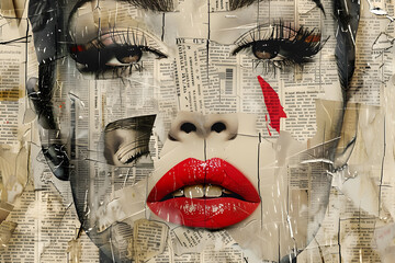 Beautiful woman face collage of newspaper clippings with red lips, black and white color
