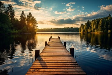 Tranquil lake scene with a wooden pier stretching into the water