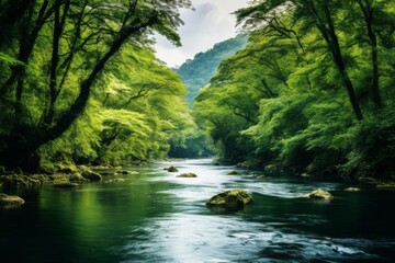 Tranquil river winding through a dense forested landscape